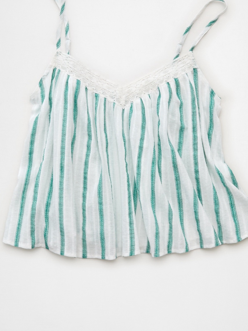 American Eagle Outfitters White Camisole with Green Stripes and Lace Trim